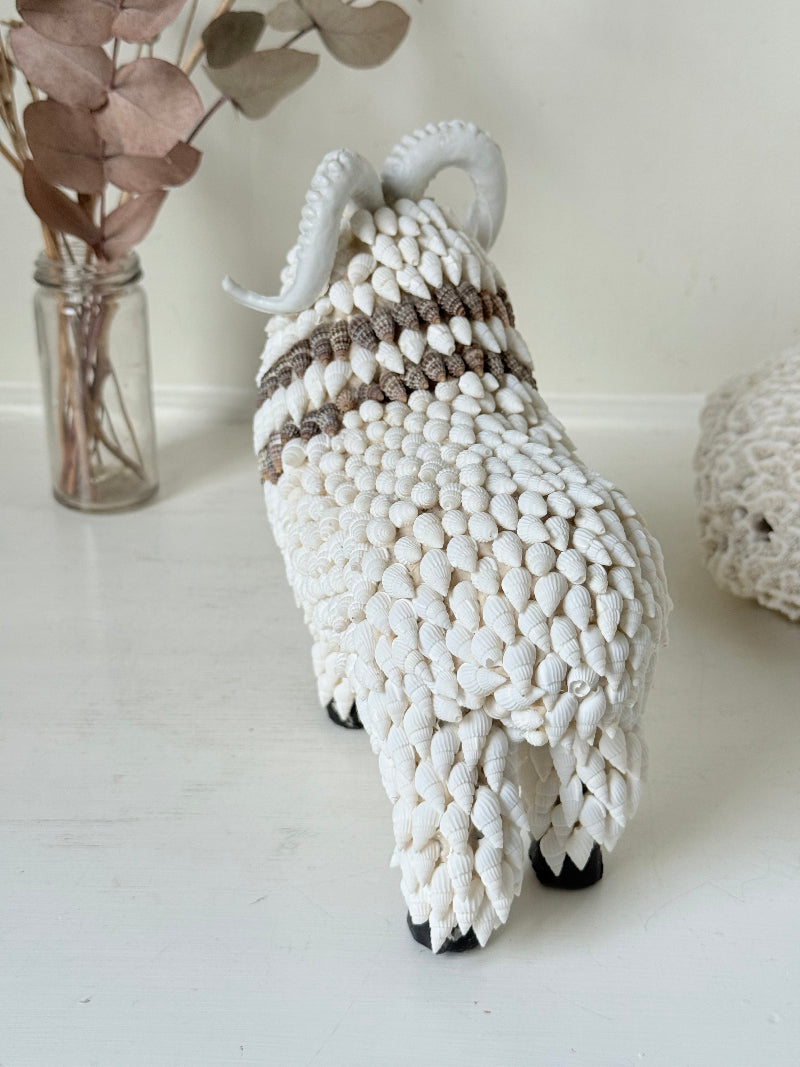 Vintage shell ram ornament in cream and brown, photographed on a white surface