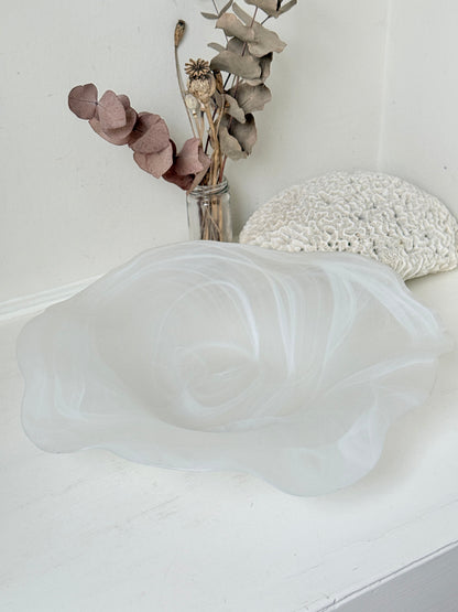 Large vintage white matt glass swirl ruffle bowl photographed on a white surface