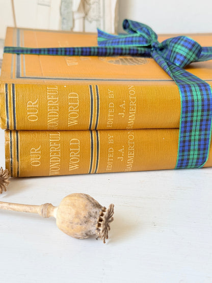 Pair of vintage Our Wonderful World books edited by J. A. Hammerton, volumes I and II, with mustard cloth covers and gilt detail