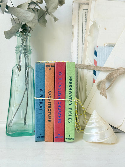 A set of four colorful books with vertical titles including Air Craft, Architecture, Old English Churches, and Freshwater Fishes, tied together with string. The books are styled on a white surface next to a glass bottle with dried leaves, a white shell, and vintage-style papers.