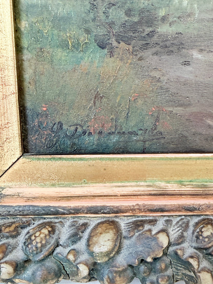 Close-up detail of a framed artwork showing a textured painted scene in muted green, gray, and brown tones, with part of a carved ornate frame visible at the bottom.