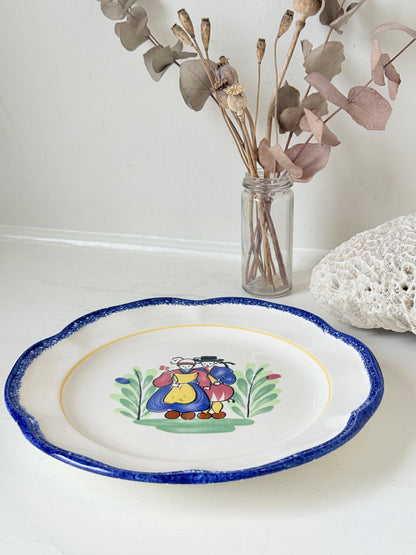Vintage French ceramic serving plate by Faïencerie de Pornic with Quimper style Breton couple design and blue scalloped rim