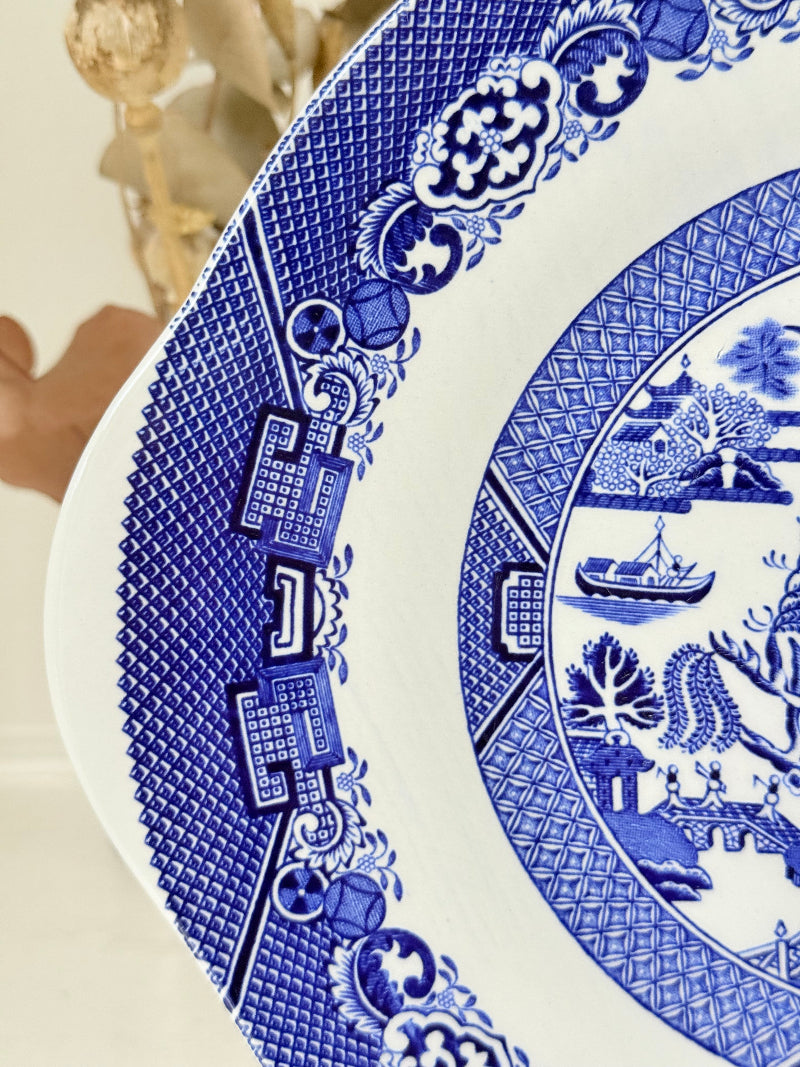 Wood and Sons Blue Willow serving plate shown on a white surface.