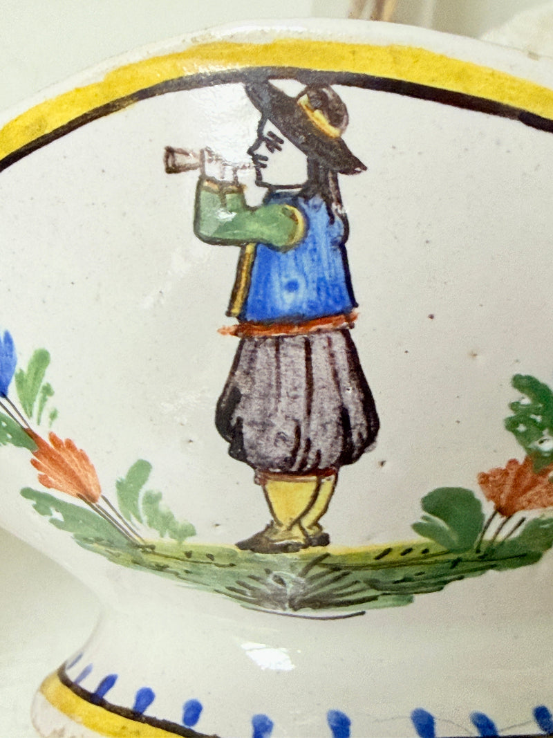 French Quimper faience sauce boat with Breton figure