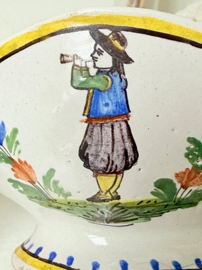 French Quimper faience sauce boat with Breton figure