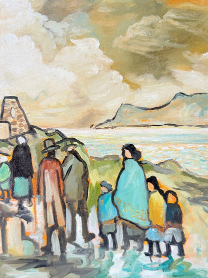 Markey Robinson style oil on board of shawled figures going to a hilltop church in teal and ochre