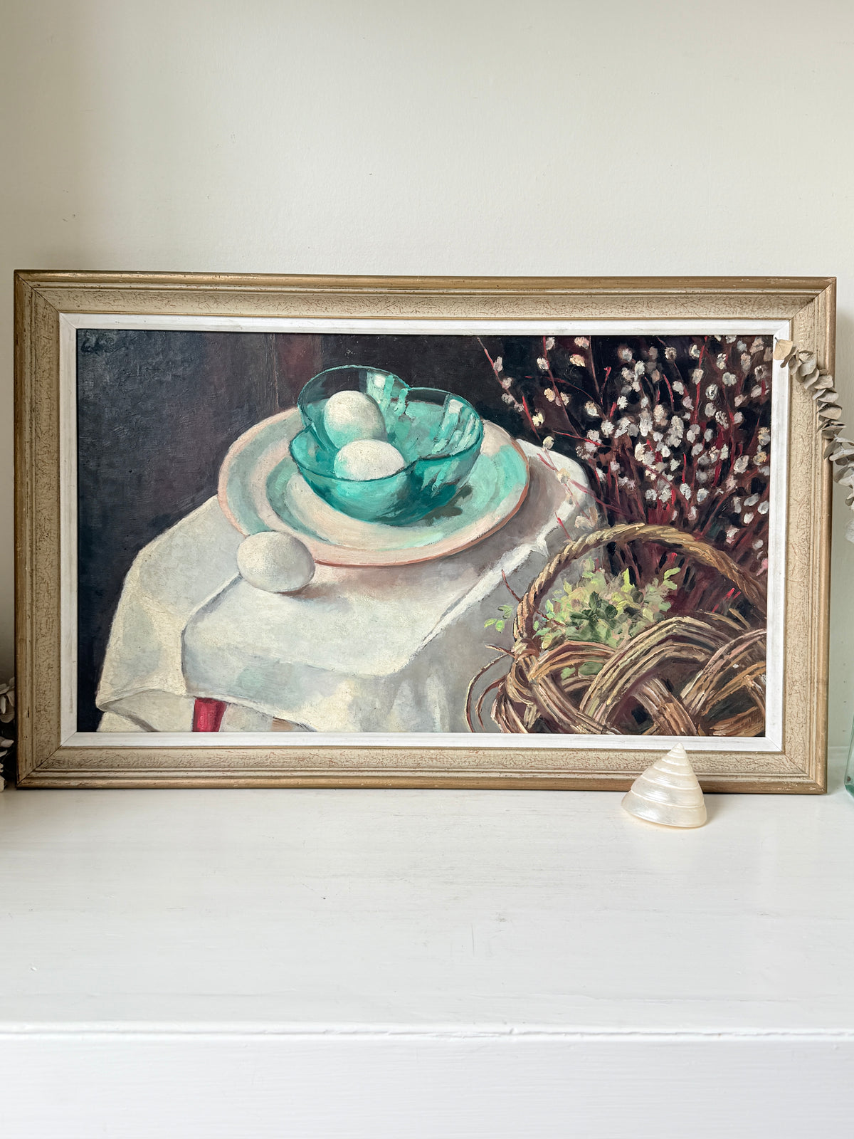Mid Century Still Life Oil Painting in Jade and Burgundy, Eggs and Pussy Willow