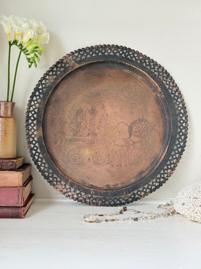 Antique copper tray with pierced gallery rim, figurative horse drawn chariot engraving and two tone aged patina