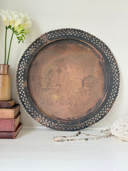 Antique copper tray with pierced gallery rim, figurative horse drawn chariot engraving and two tone aged patina