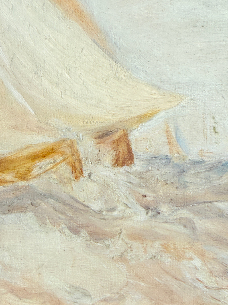 Impressionist-style painting detail showing a sailboat with a cream and tan sail against a pale sky and textured sea in soft beige, brown, and gray tones.
