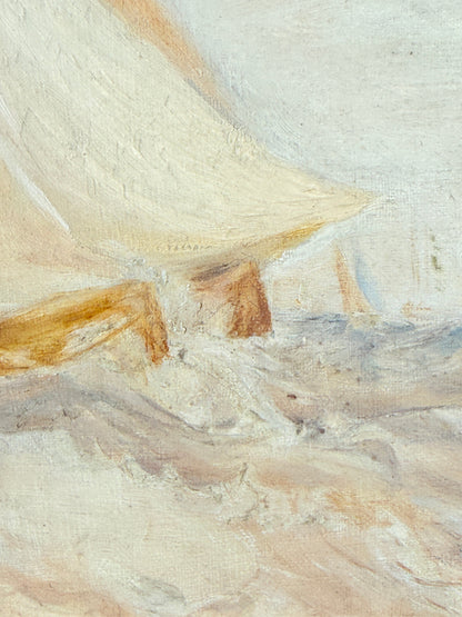 Impressionist-style painting detail showing a sailboat with a cream and tan sail against a pale sky and textured sea in soft beige, brown, and gray tones.