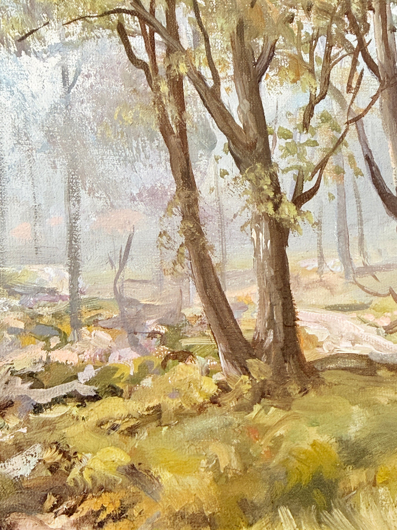 Impressionistic oil painting of a misty forest scene with tall trees, golden-yellow undergrowth, and soft light filtering through the woods.