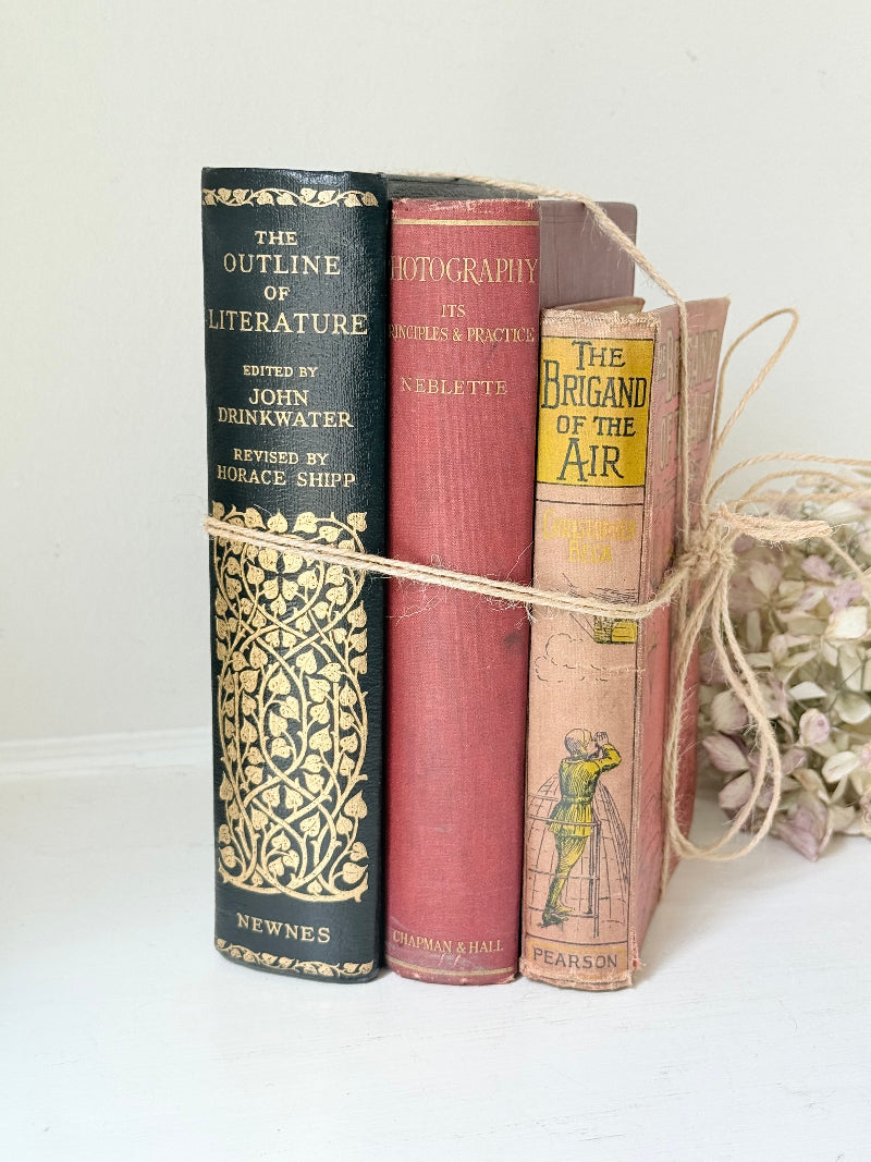 Vintage decorative book bundle in red and black with gilt detailing tied with twine, photographed on a white surface