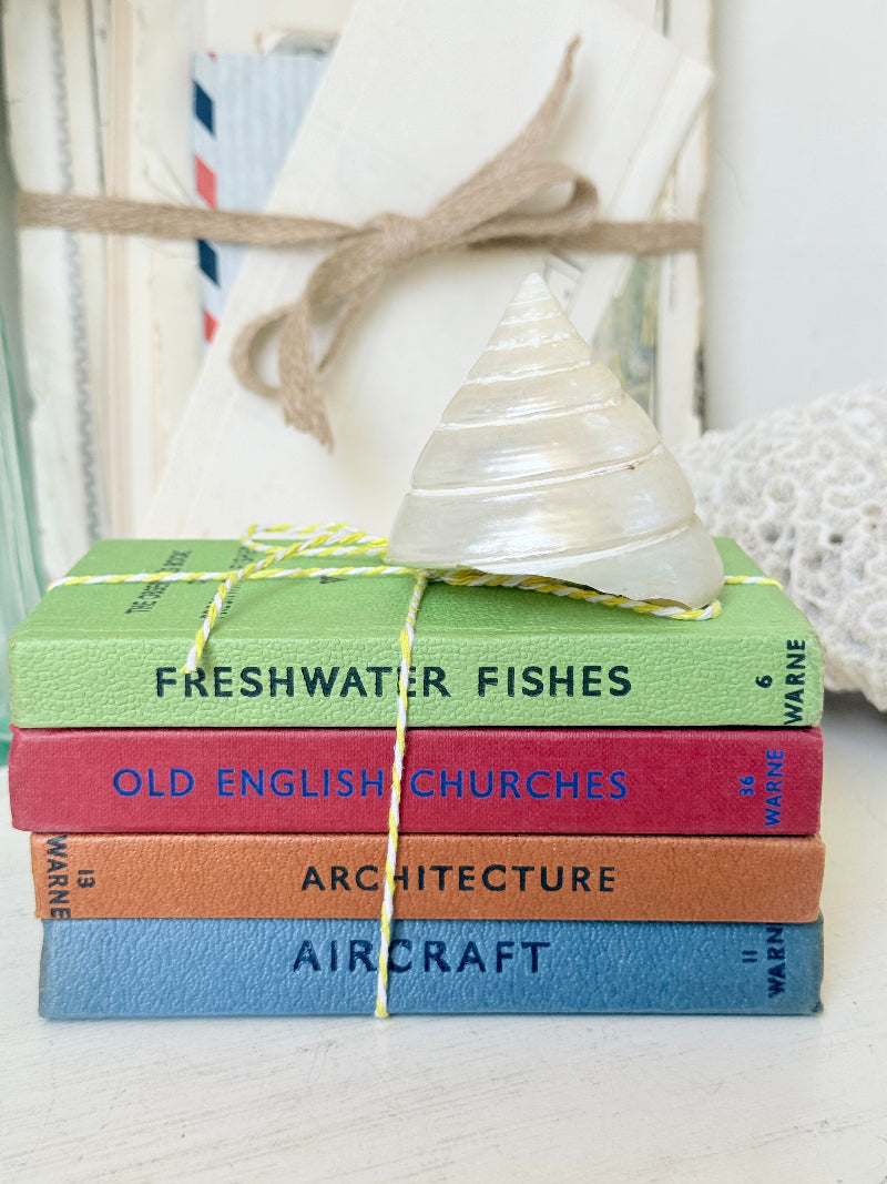 A stack of four hardcover books tied with yellow string and topped with a white seashell, set on a light surface with a blurred background of books and lace.