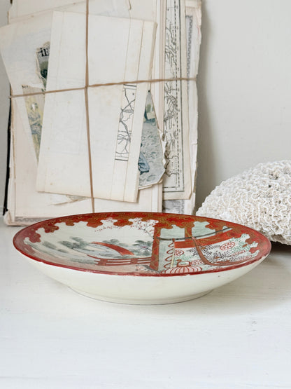 Japanese Kutani Dish Hand Painted with a Garden Scene in Iron Red