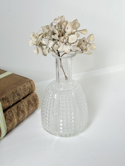 Vintage clear glass vase with textured surface, styled with dried flowers on a white background