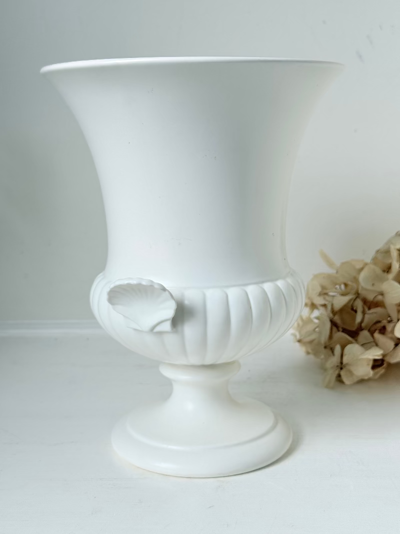 Vintage Wedgwood white urn vase with handles, photographed on a white surface