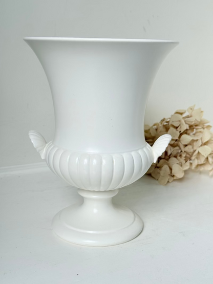 Vintage Wedgwood white urn vase with handles, photographed on a white surface