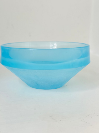Set of six vintage turquoise midcentury glass bowls with smooth sides, photographed on white surface.