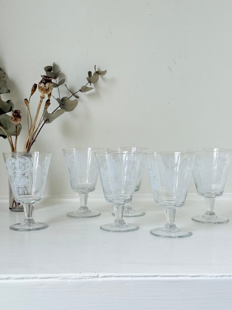 Set of six vintage wine glasses with white floral printed design, photographed on white surface.