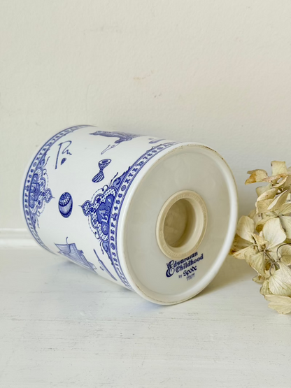 blue and white spode moneybox with sporting scene design, photographed on white surface