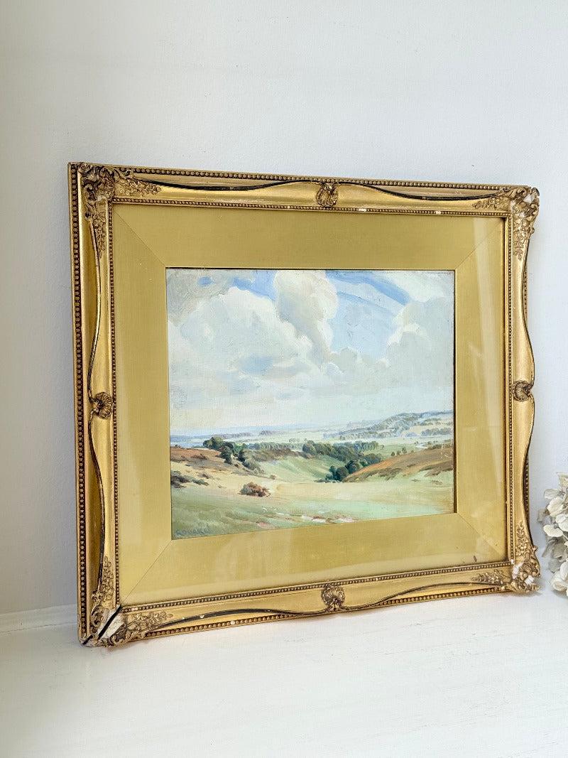 Vintage Framed Oil Painting, Rolling Hills Landscape with Dramatic Sky
