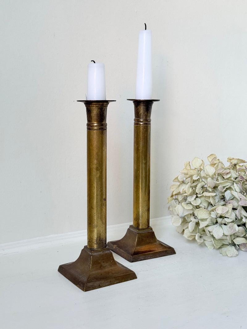 Pair of Vintage Brass Candlesticks with Elegant Square Bases