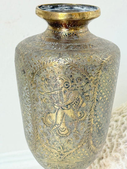 Indian Benares Brass Chalice Vase with Figural Motif and Engraved Detail