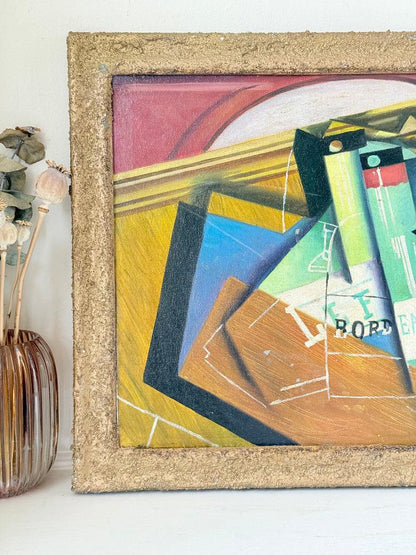 Vintage Cubist Bordeaux Bottle Still Life, Oil on Canvas, Gilt Frame