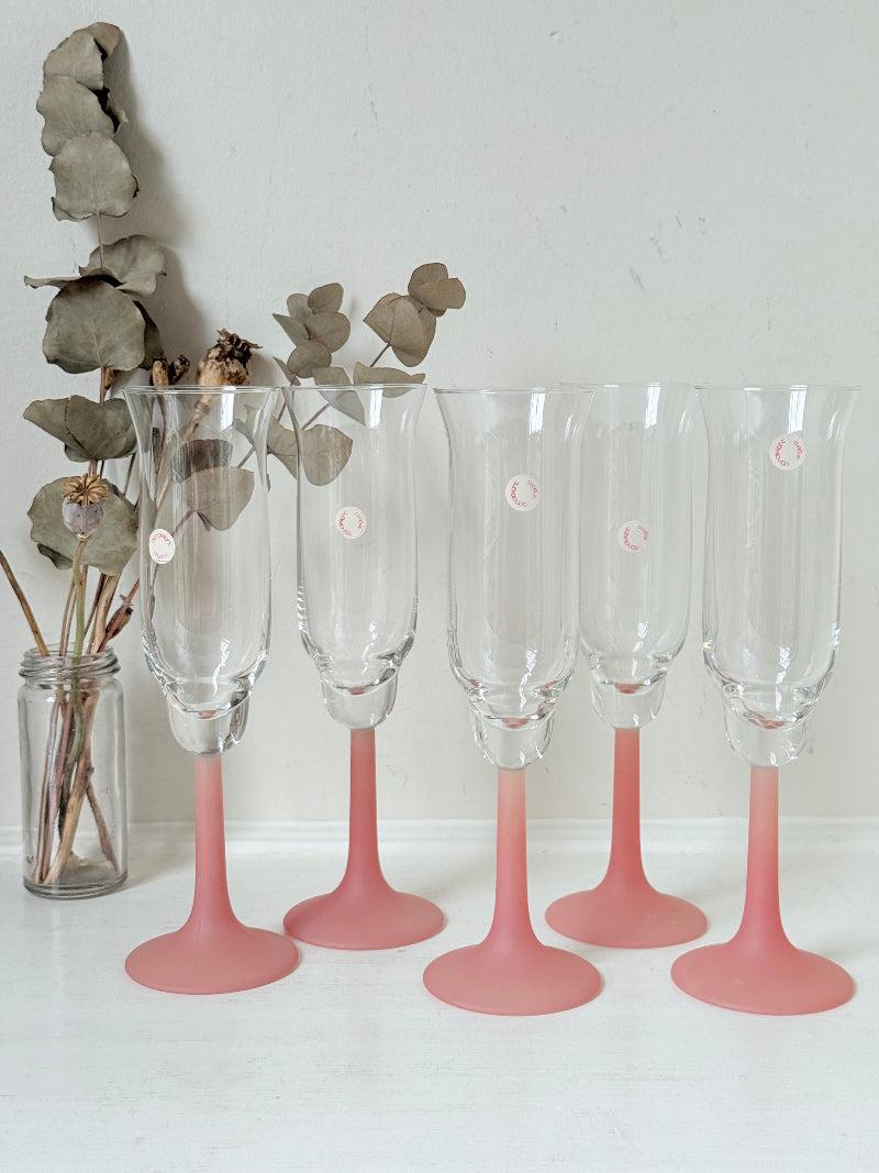 1980s Frosted Pink Tulip Champagne Flutes, Set of Five