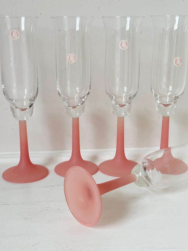 1980s Frosted Pink Tulip Champagne Flutes, Set of Five