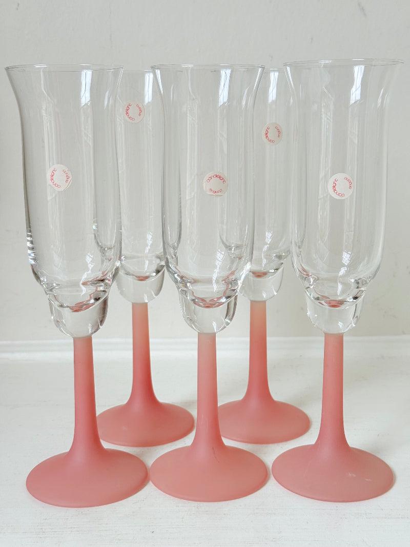 1980s Frosted Pink Tulip Champagne Flutes, Set of Five