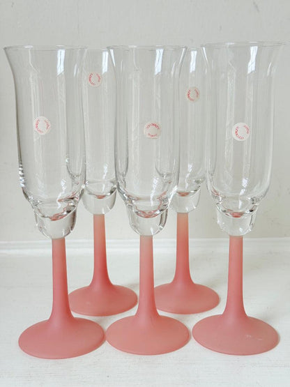 1980s Frosted Pink Tulip Champagne Flutes, Set of Five
