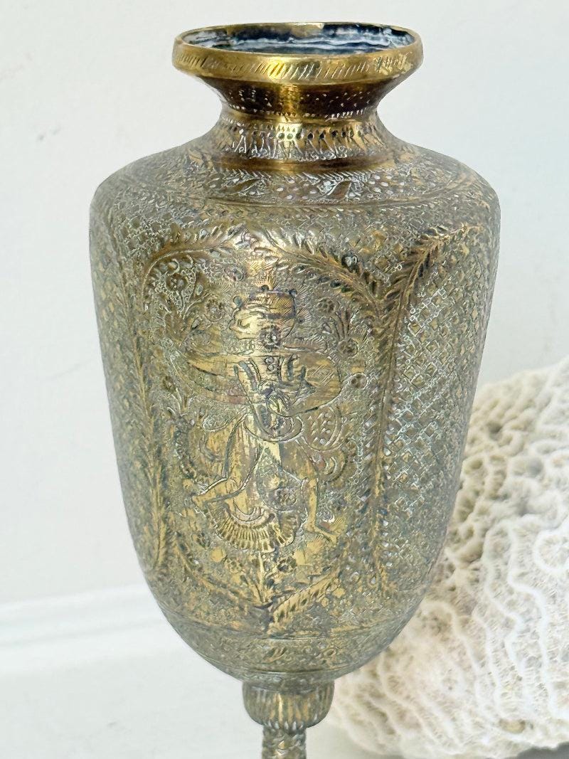 Indian Benares Brass Chalice Vase with Figural Motif and Engraved Detail