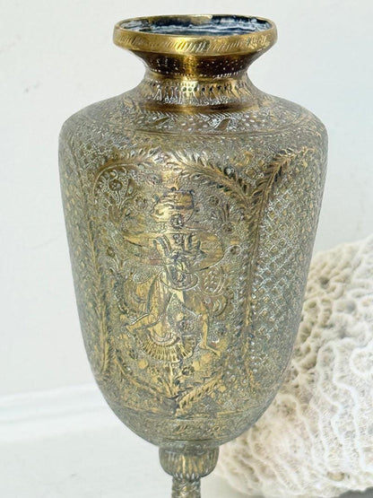 Indian Benares Brass Chalice Vase with Figural Motif and Engraved Detail