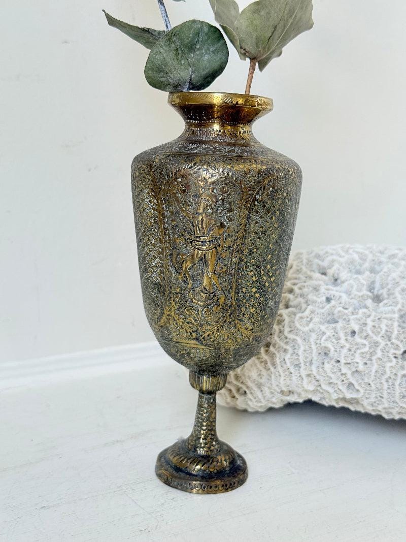 Indian Benares Brass Chalice Vase with Figural Motif and Engraved Detail