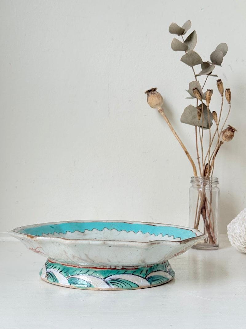Antique Ceramic Footed Dish with Floral and Bird Decoration