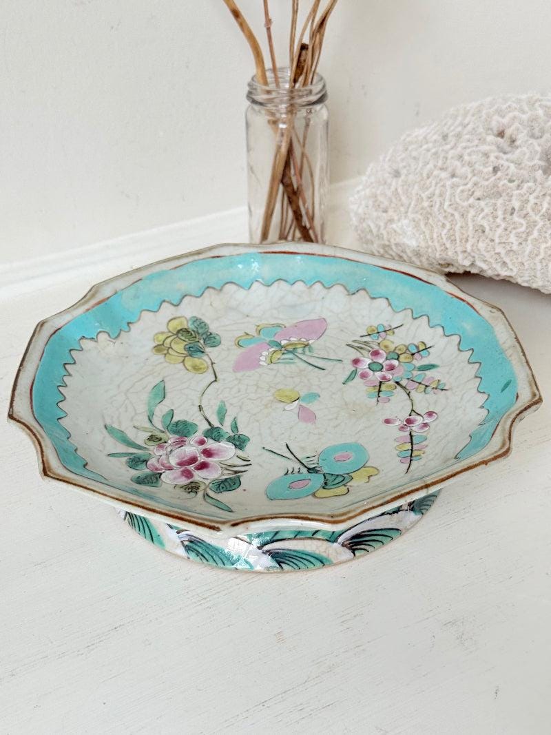 Antique Ceramic Footed Dish with Floral and Bird Decoration