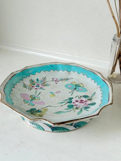 Antique Ceramic Footed Dish with Floral and Bird Decoration