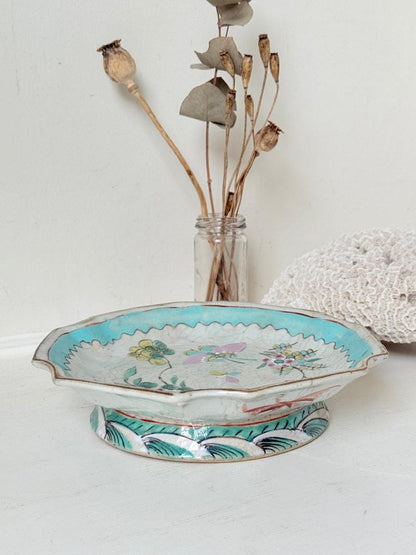 Antique Ceramic Footed Dish with Floral and Bird Decoration