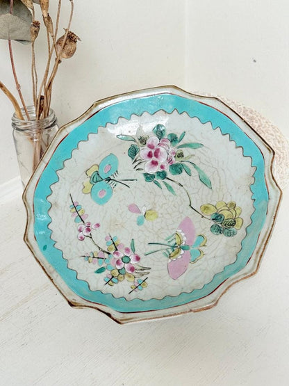 Antique Ceramic Footed Dish with Floral and Bird Decoration
