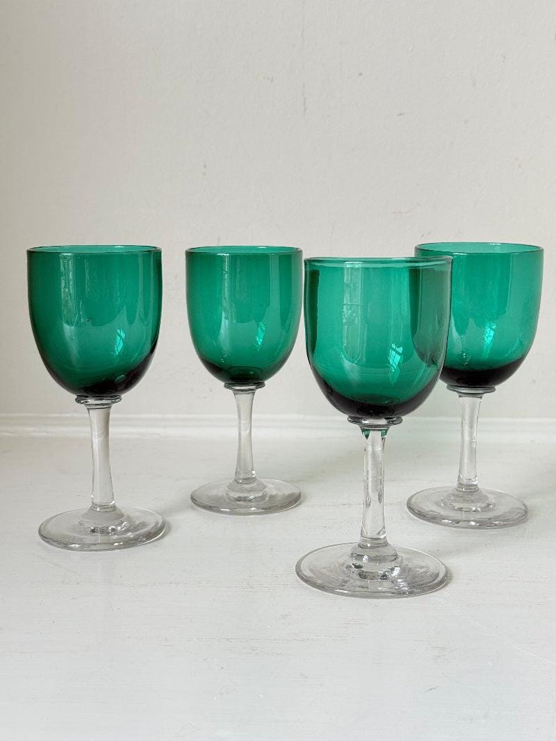 Antique Set of 4 Bristol Green Liqueur Glasses with Clear Stems