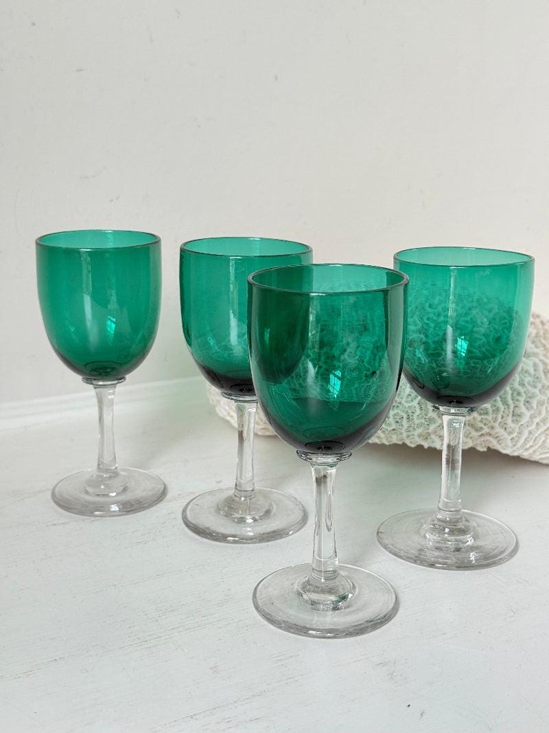 Antique Set of 4 Bristol Green Liqueur Glasses with Clear Stems