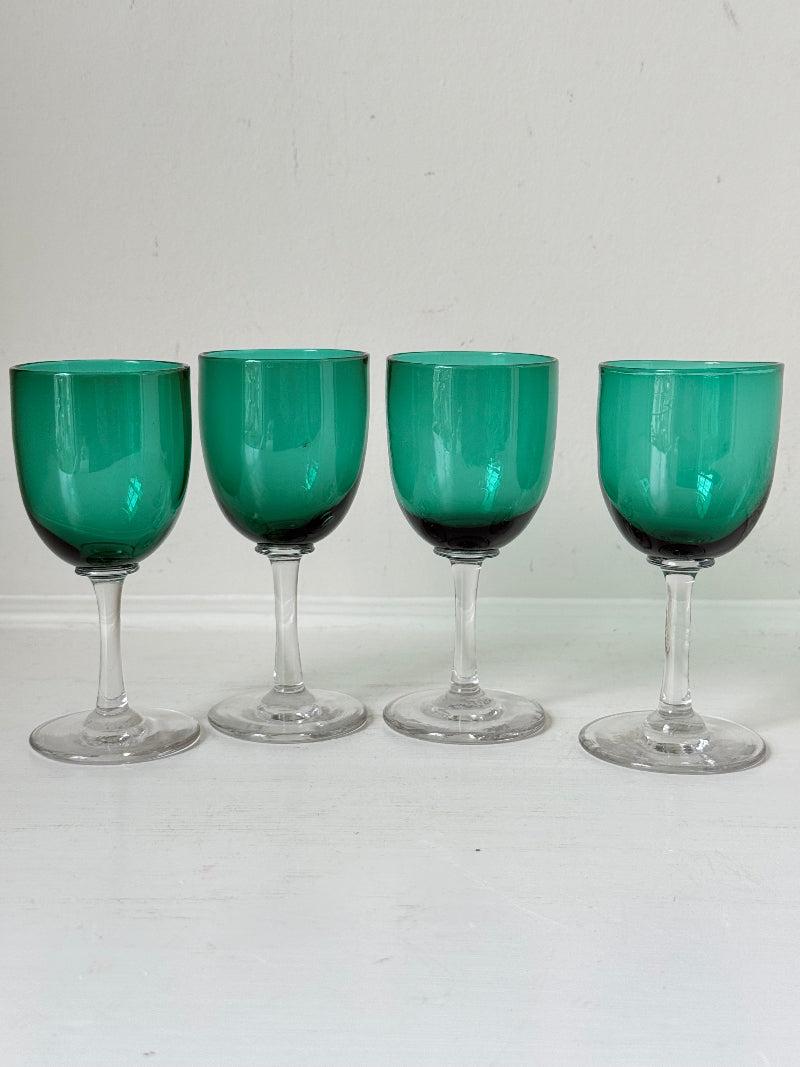 Antique Set of 4 Bristol Green Liqueur Glasses with Clear Stems