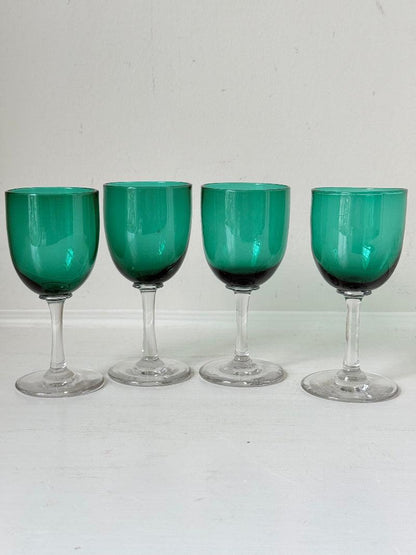 Antique Set of 4 Bristol Green Liqueur Glasses with Clear Stems