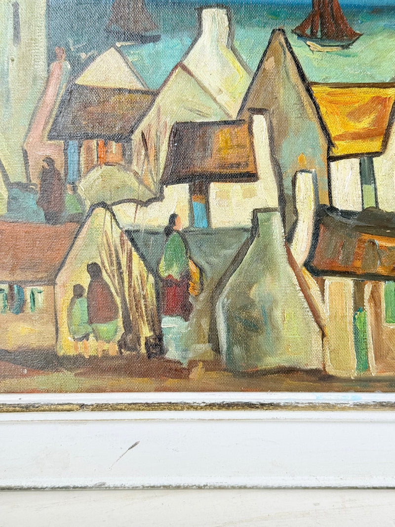Mid century Irish school oil painting of seaside village, blue and ochre tones, photographed on white surface