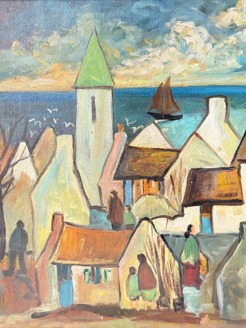 Mid century Irish school oil painting of seaside village, blue and ochre tones, photographed on white surface