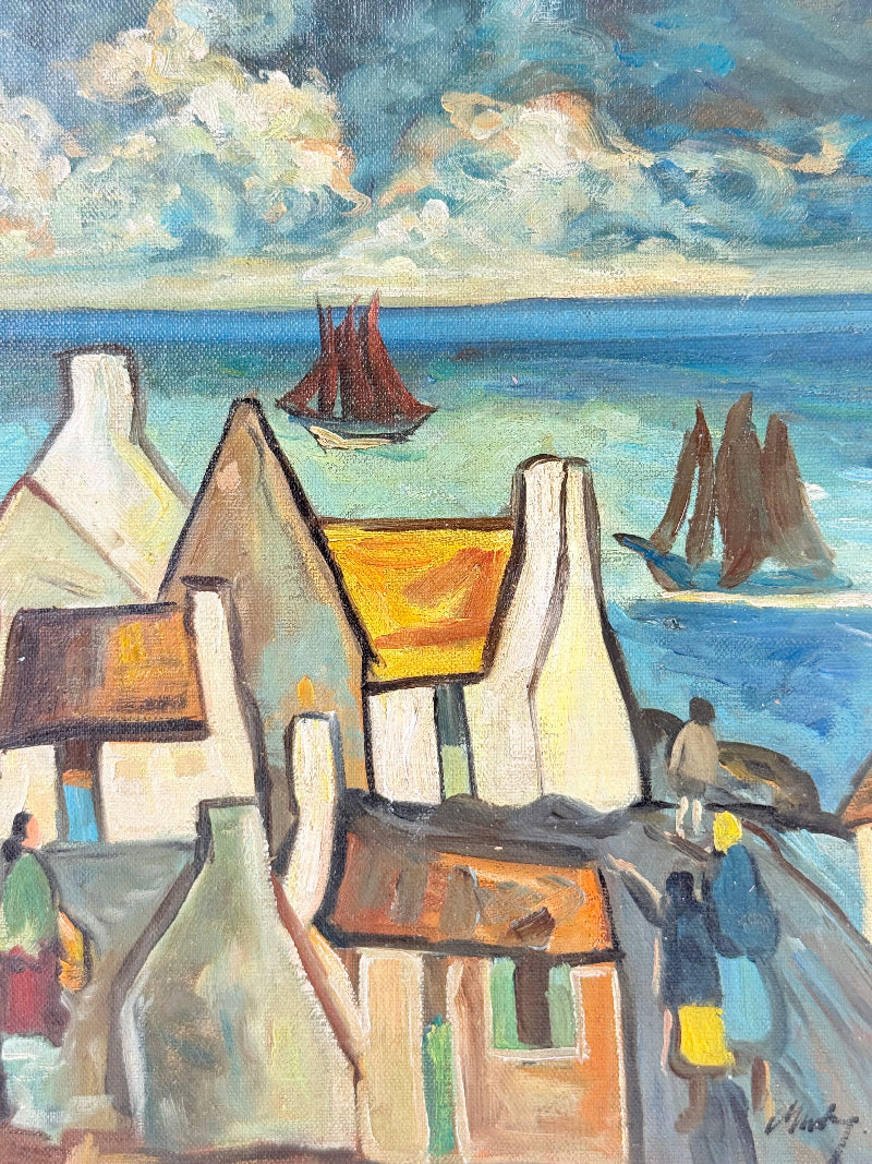 Mid century Irish school oil painting of seaside village, blue and ochre tones, photographed on white surface