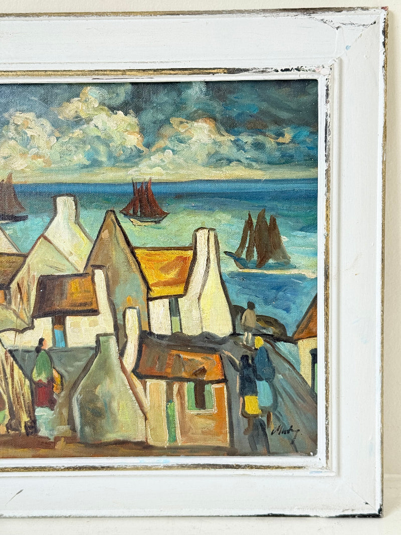 Mid century Irish school oil painting of seaside village, blue and ochre tones, photographed on white surface