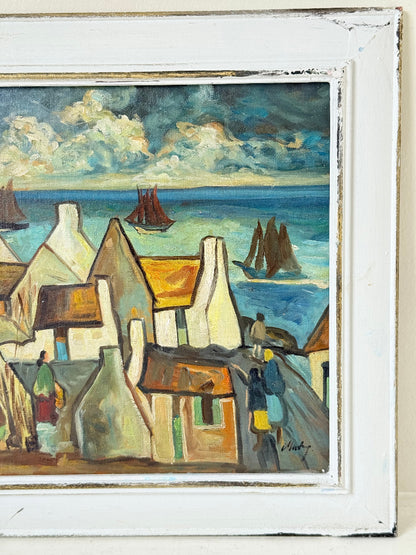 Mid century Irish school oil painting of seaside village, blue and ochre tones, photographed on white surface